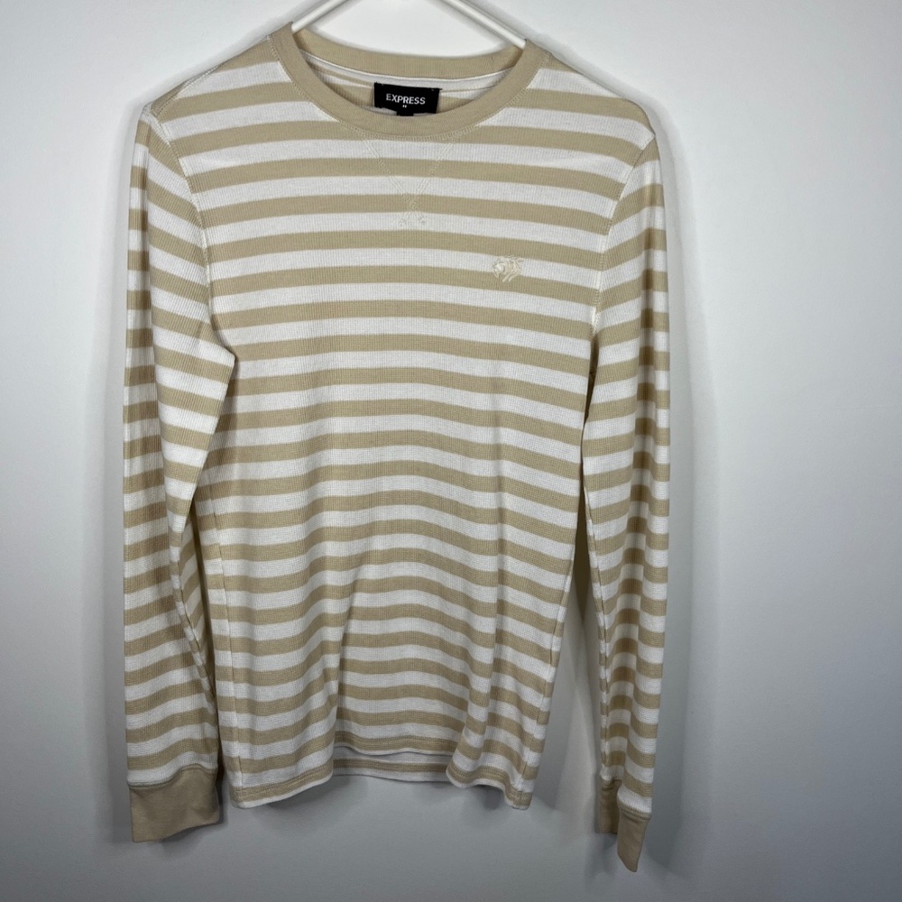 Mens Express Long Sleeve Striped Waffle Knit Crew T Shirt Size S Small Tan/white